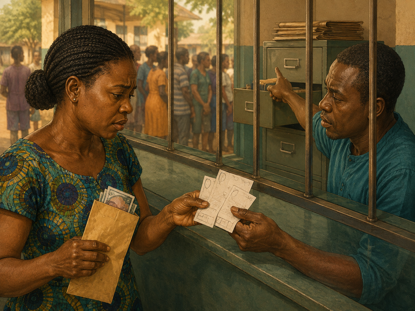 A school accounts officer talking with a parent who holds a receipt