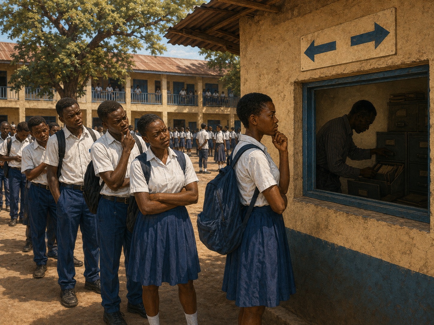 A student checking her phone on a shaded school bench
