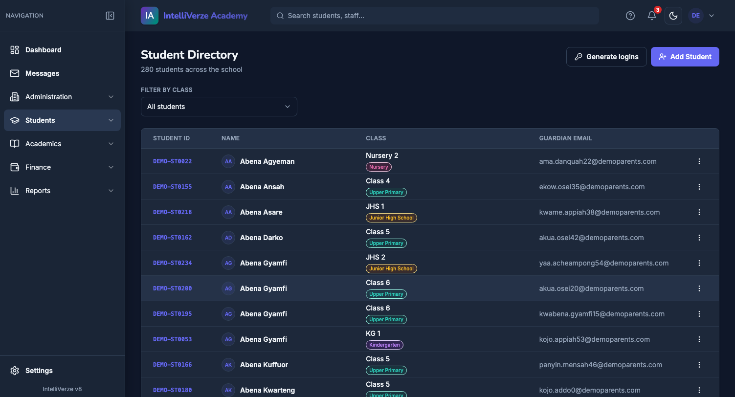 IntelliVerze Admissions, dark theme