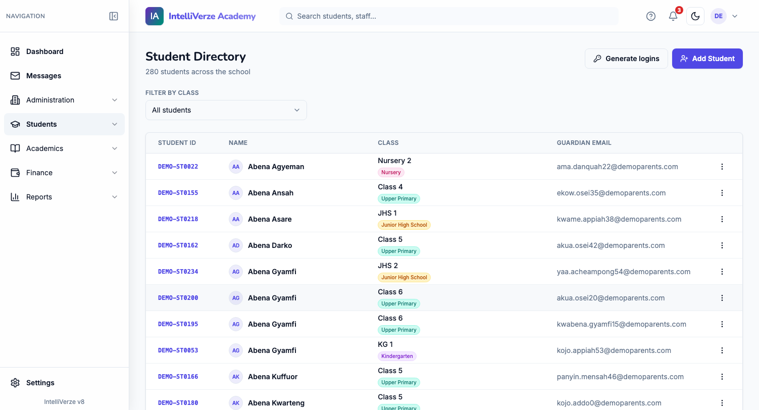 IntelliVerze Admissions, light theme