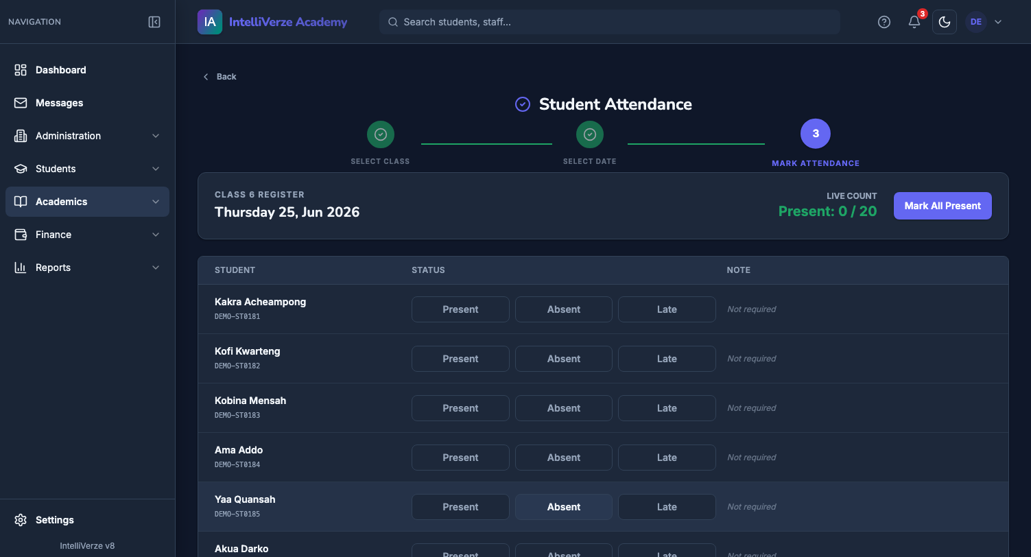 IntelliVerze Attendance, dark theme