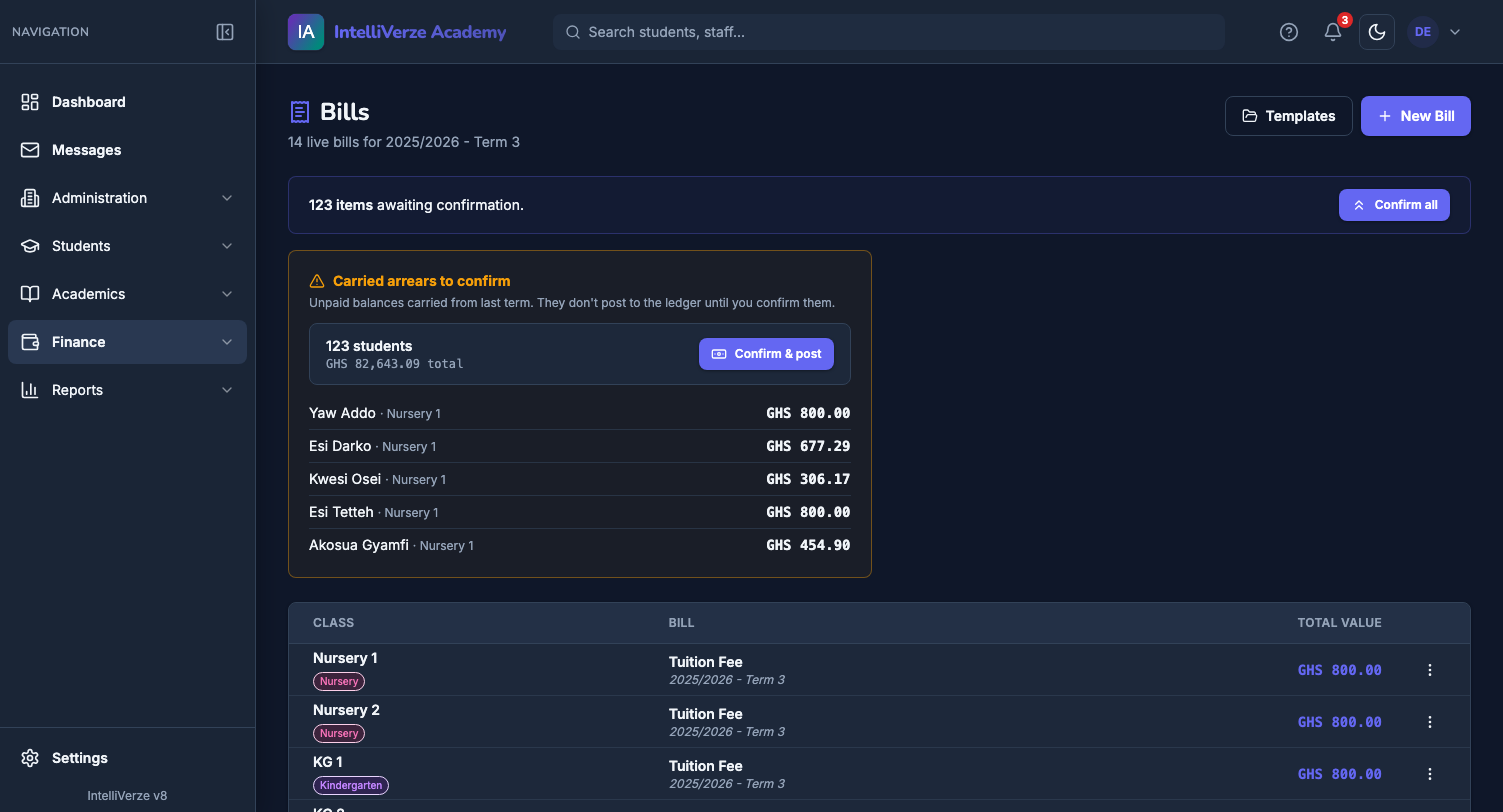 IntelliVerze Fees, dark theme
