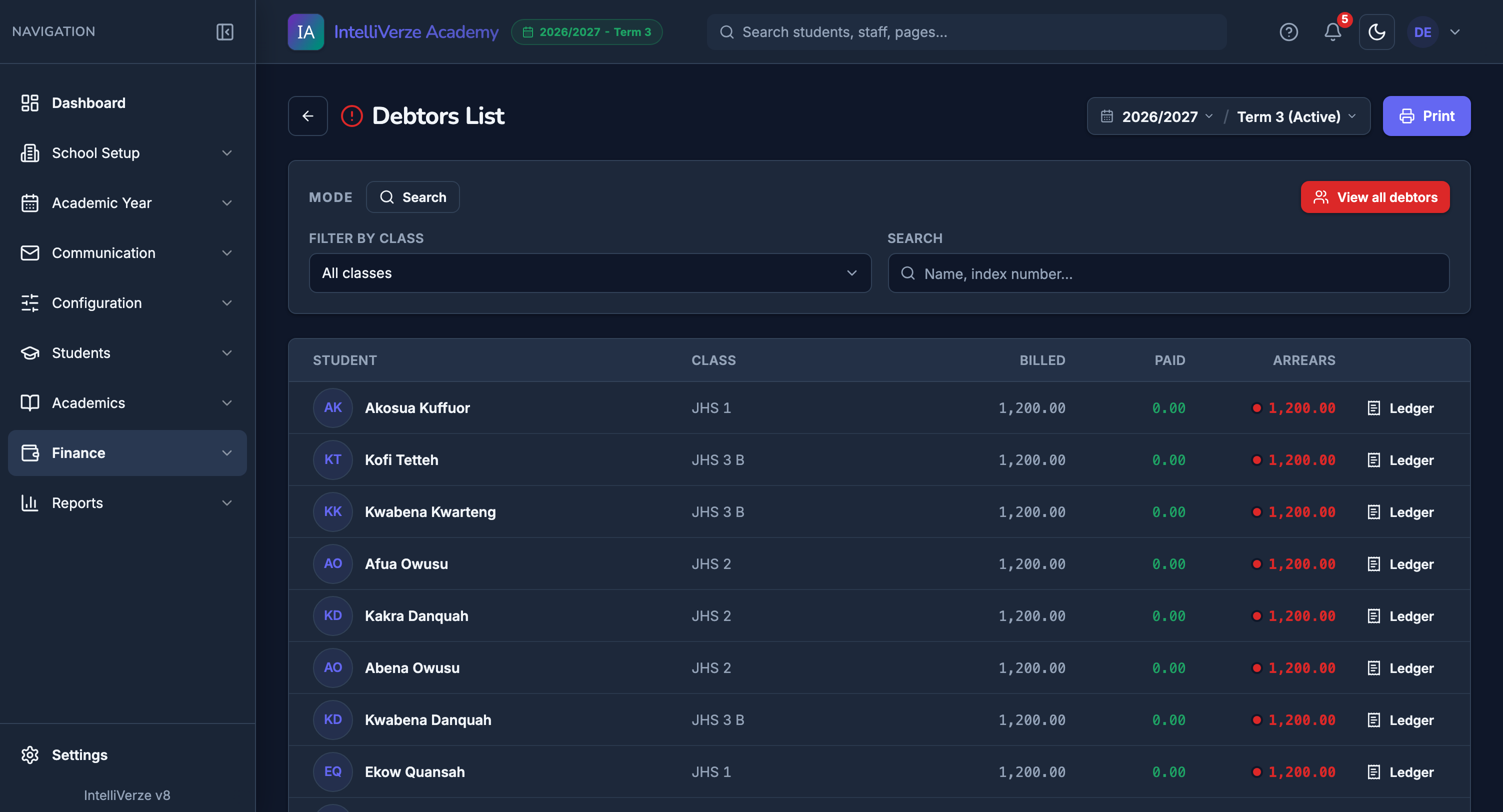 IntelliVerze Debtors and balances, dark theme