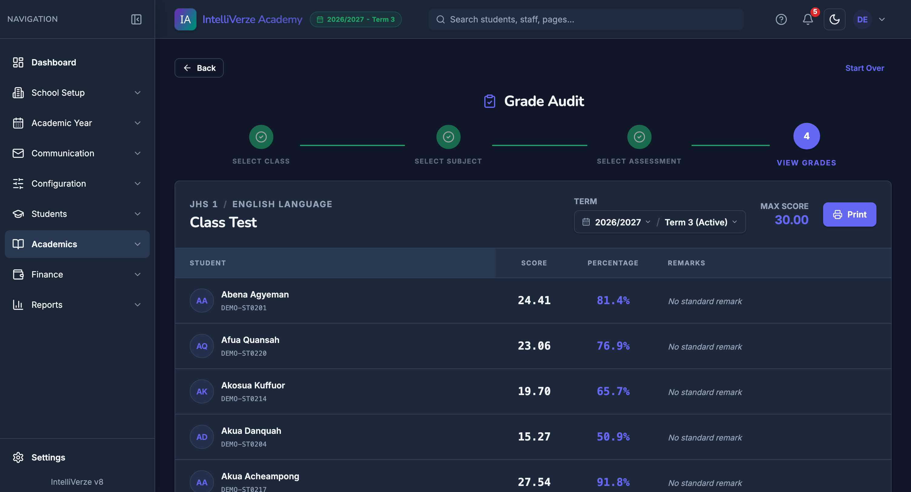 IntelliVerze Gradebook, dark theme