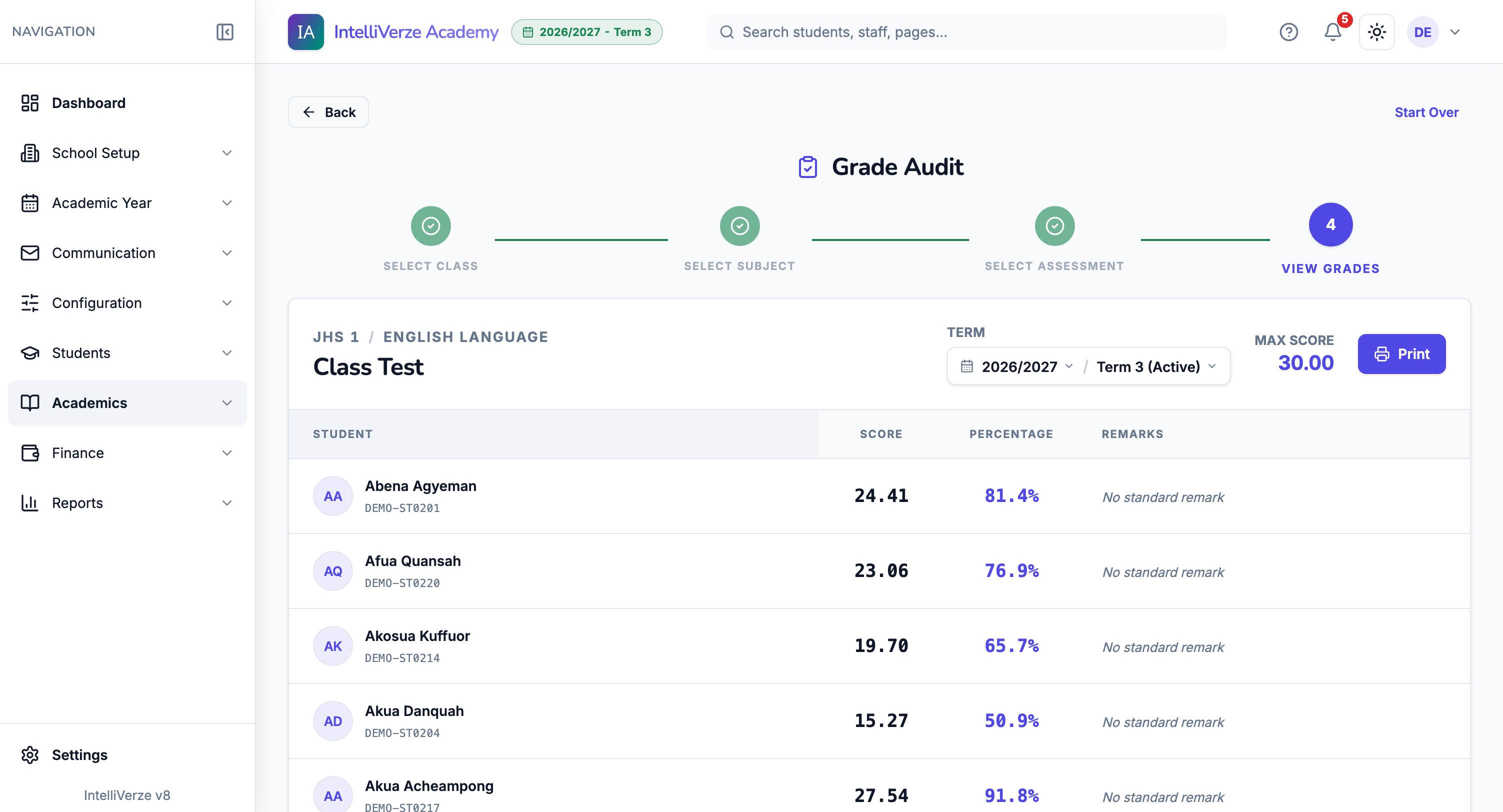 IntelliVerze Gradebook, light theme