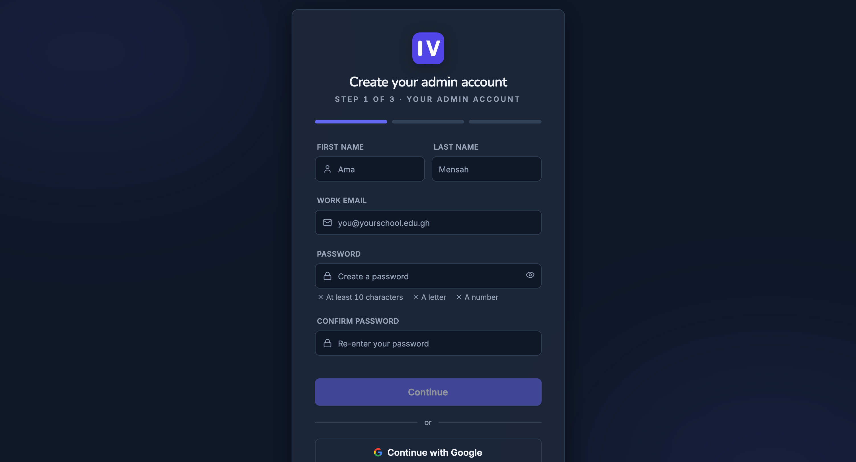 IntelliVerze School signup, dark theme