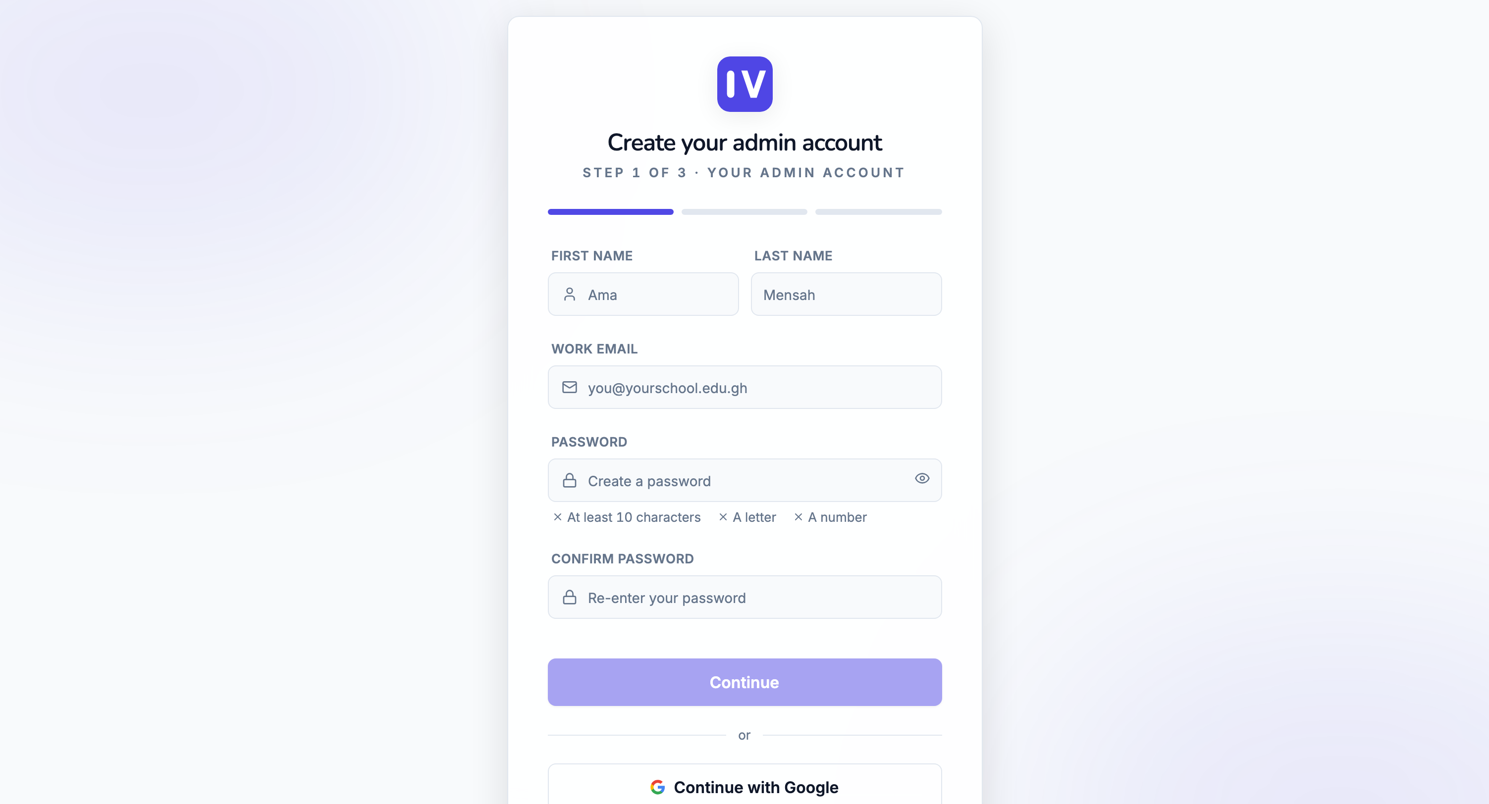 IntelliVerze School signup, light theme