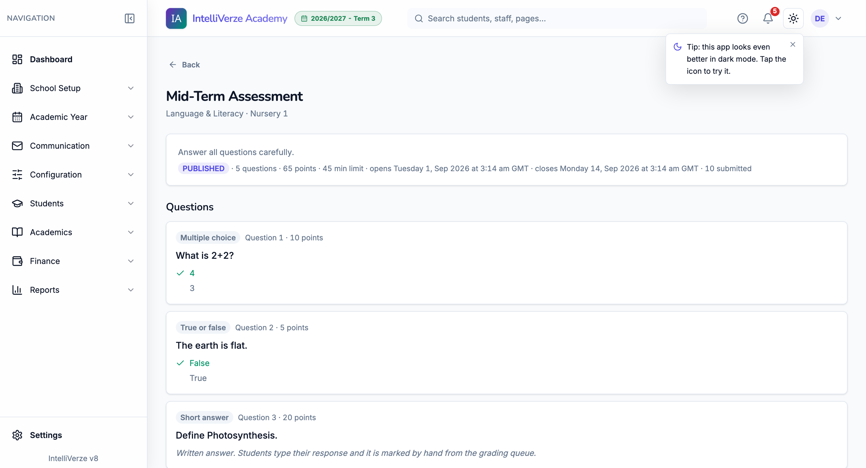 IntelliVerze Quizzes, light theme