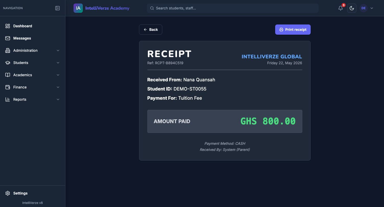 IntelliVerze Receipt, dark theme