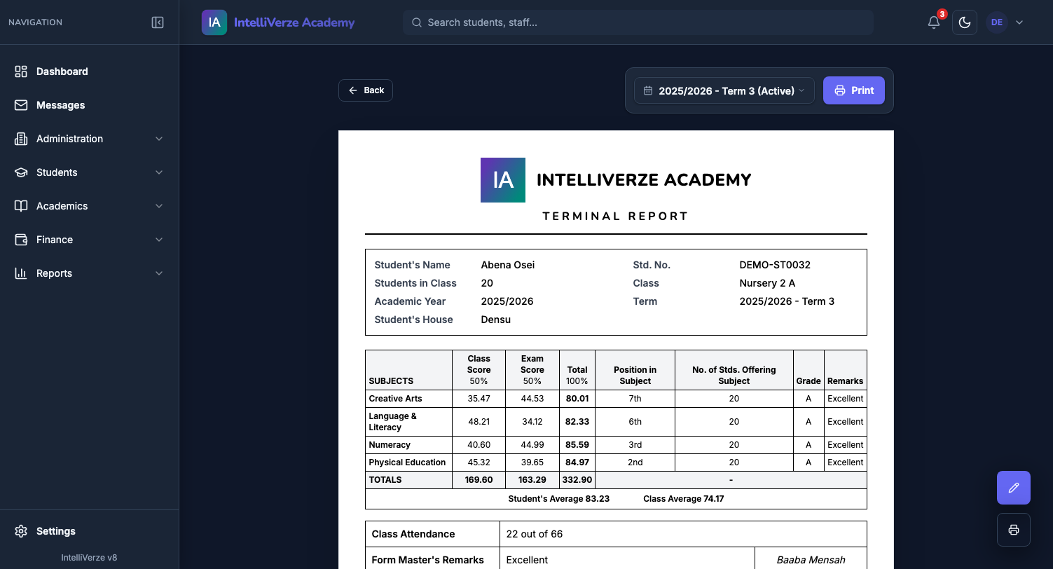 IntelliVerze Report card, dark theme