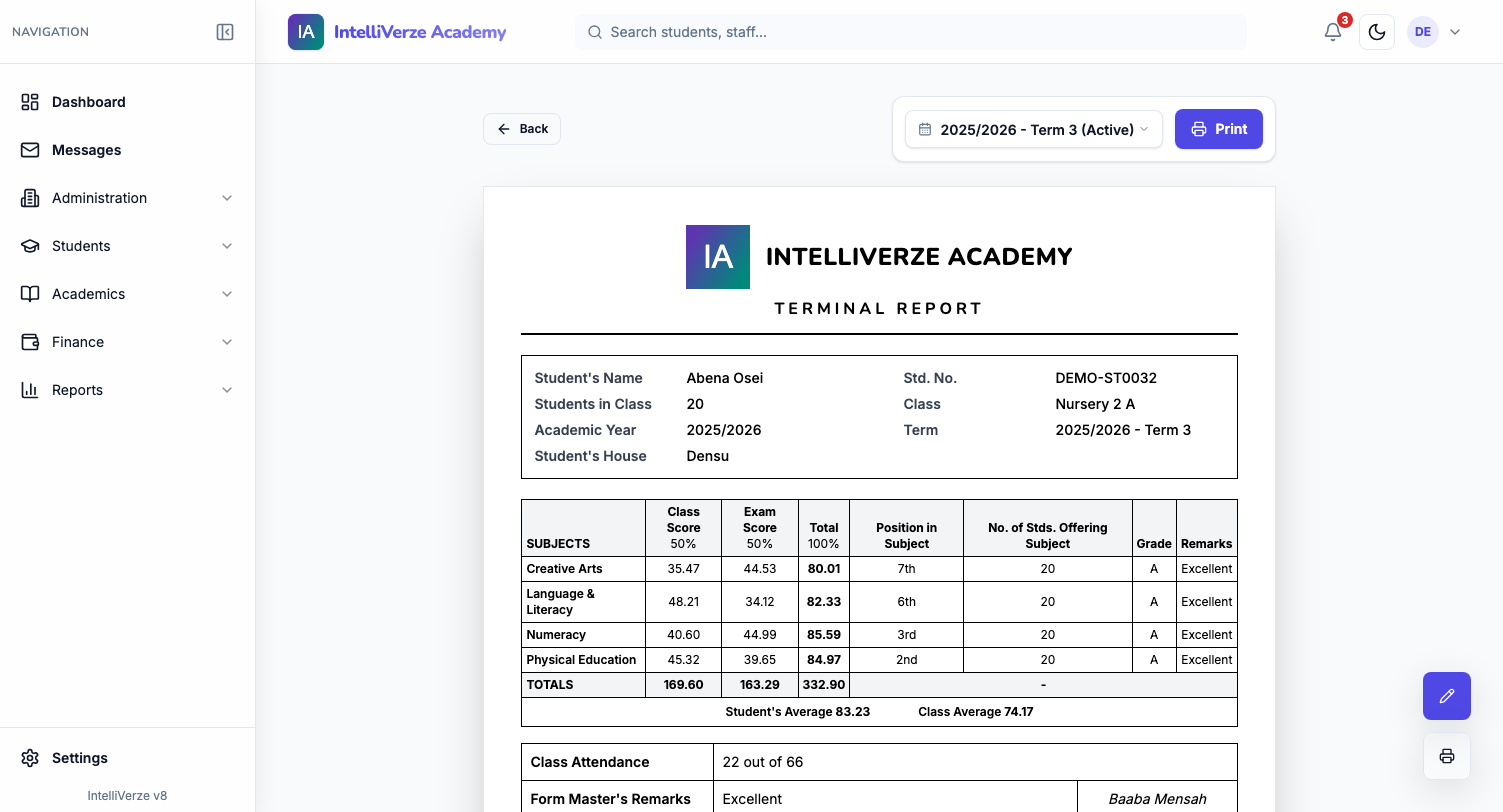 IntelliVerze Report card, light theme