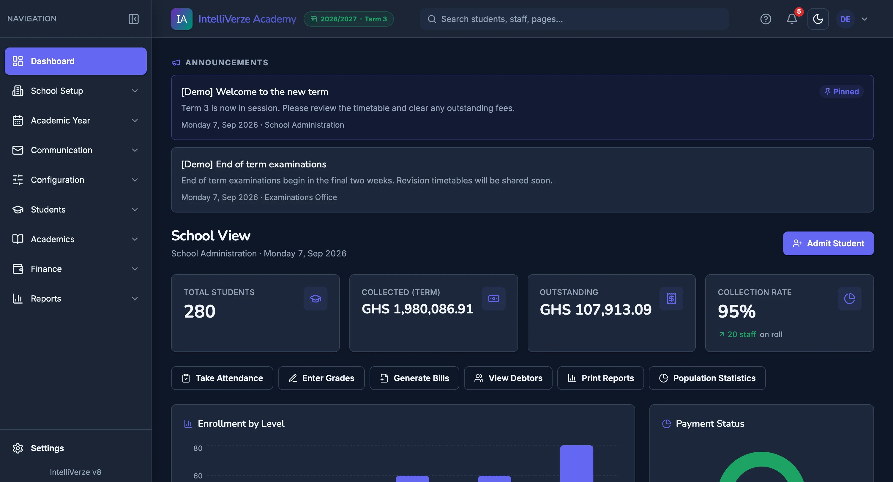 IntelliVerze School Administrator view, dark theme