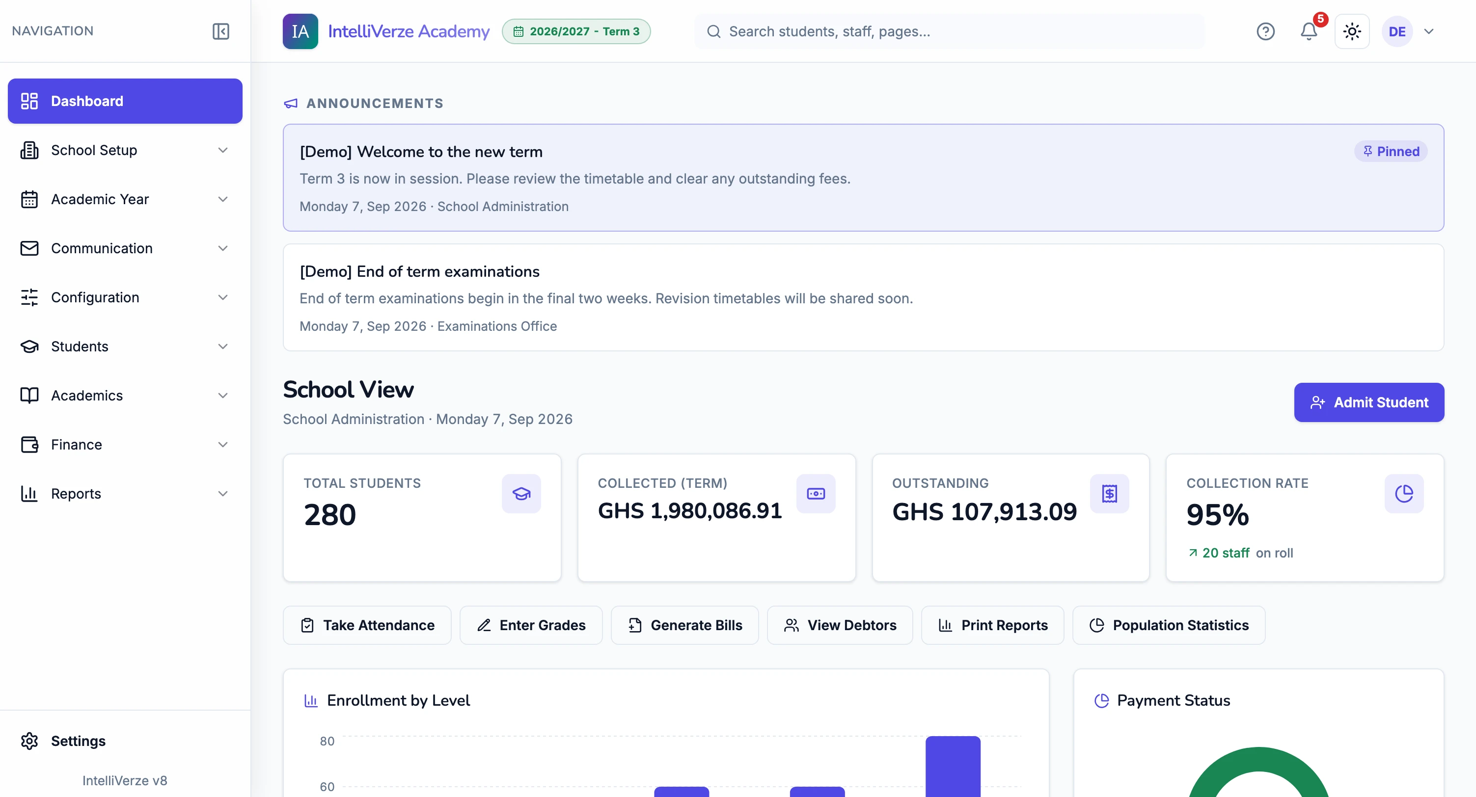 IntelliVerze School Administrator view, light theme