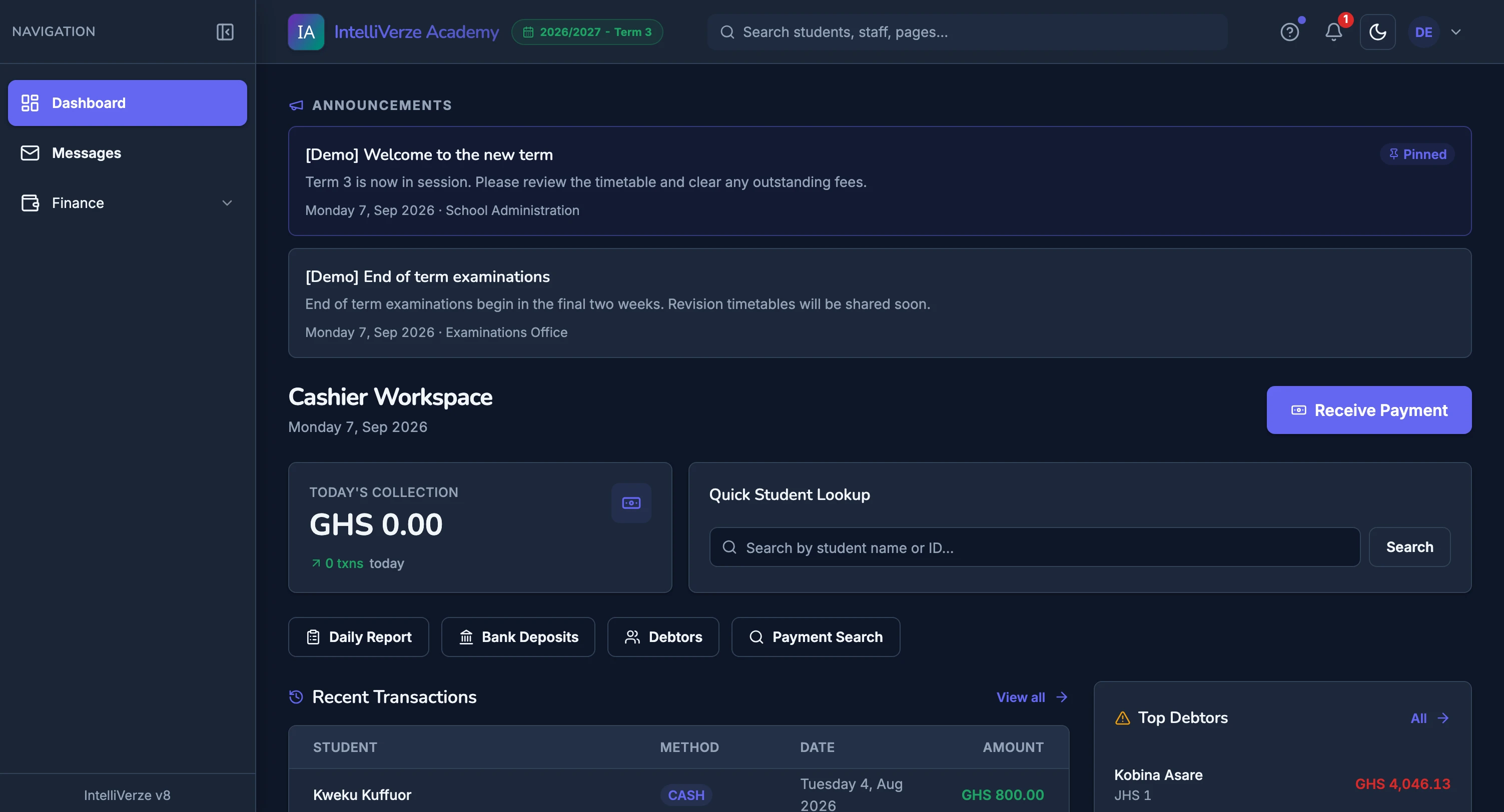IntelliVerze Cashier view, dark theme