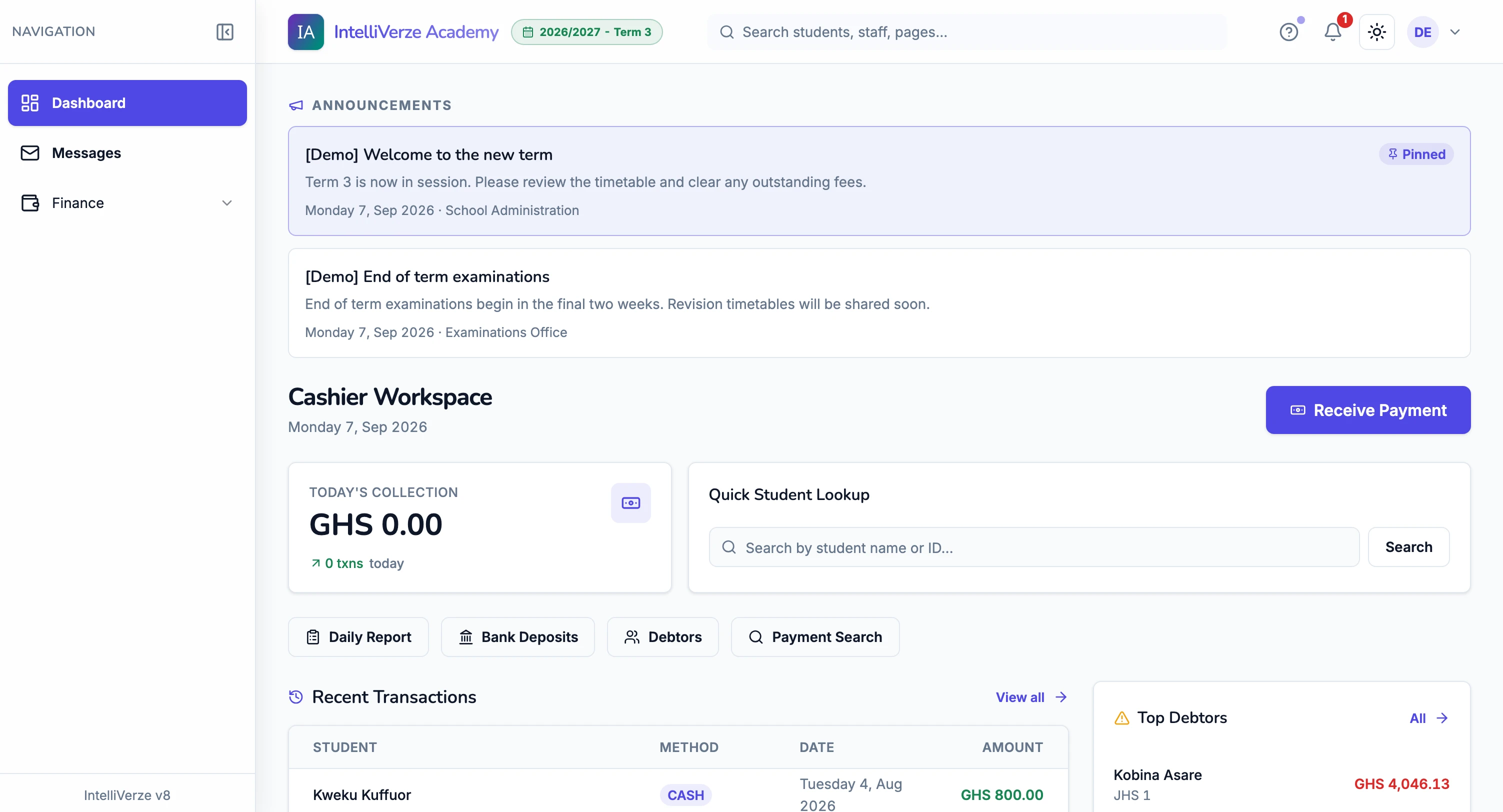 IntelliVerze Cashier view, light theme