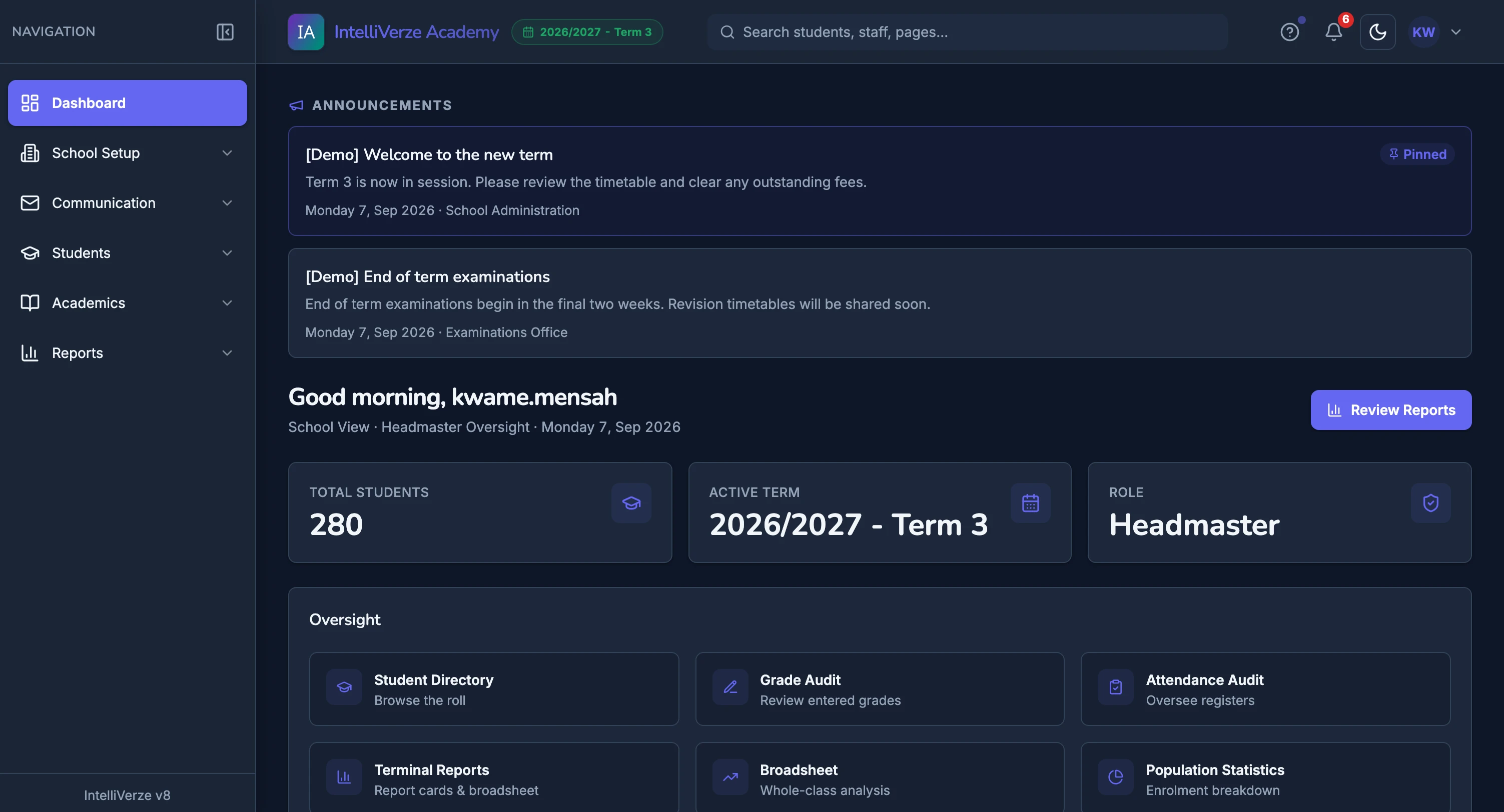 IntelliVerze Headmaster view, dark theme