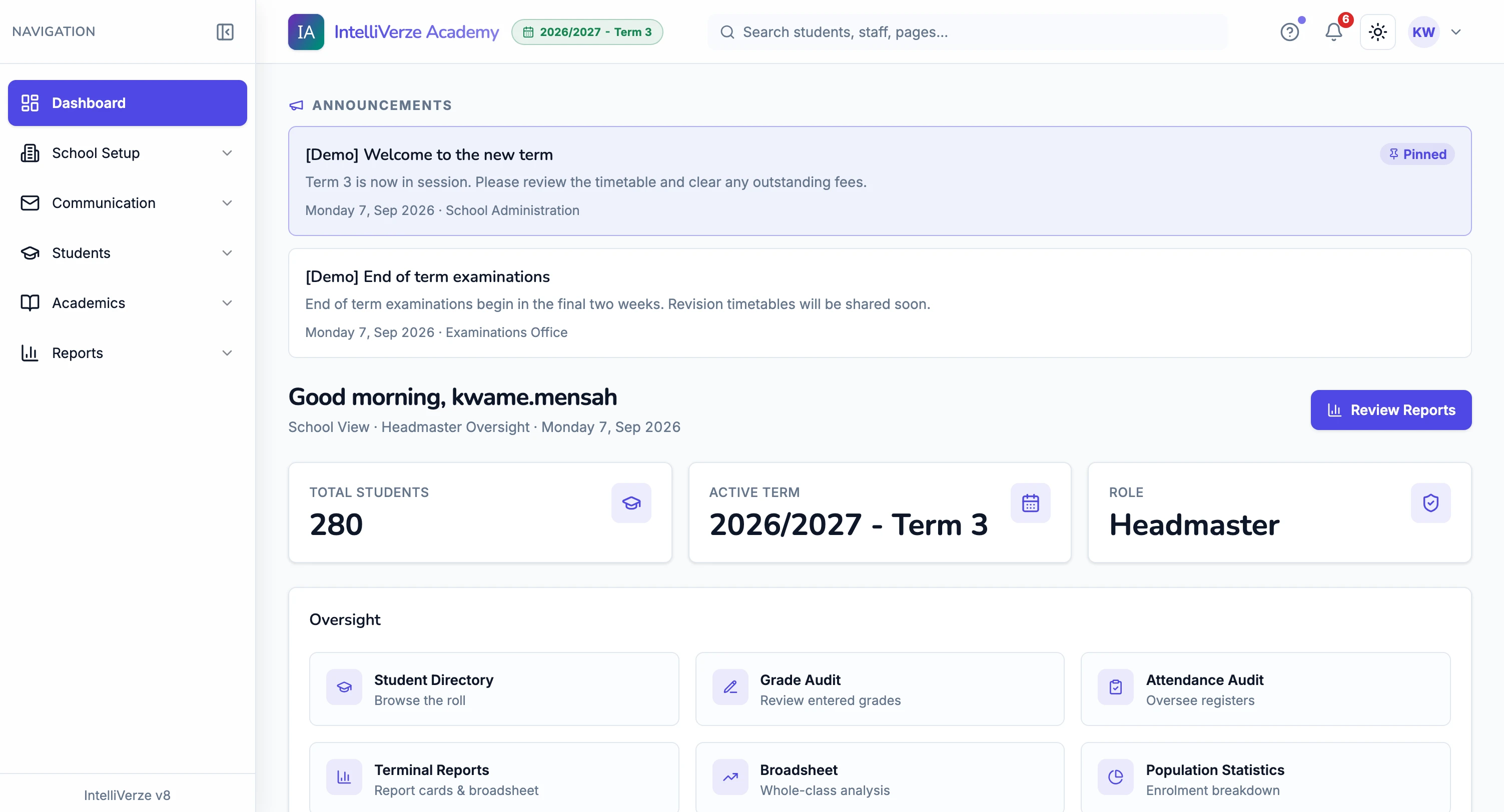 IntelliVerze Headmaster view, light theme