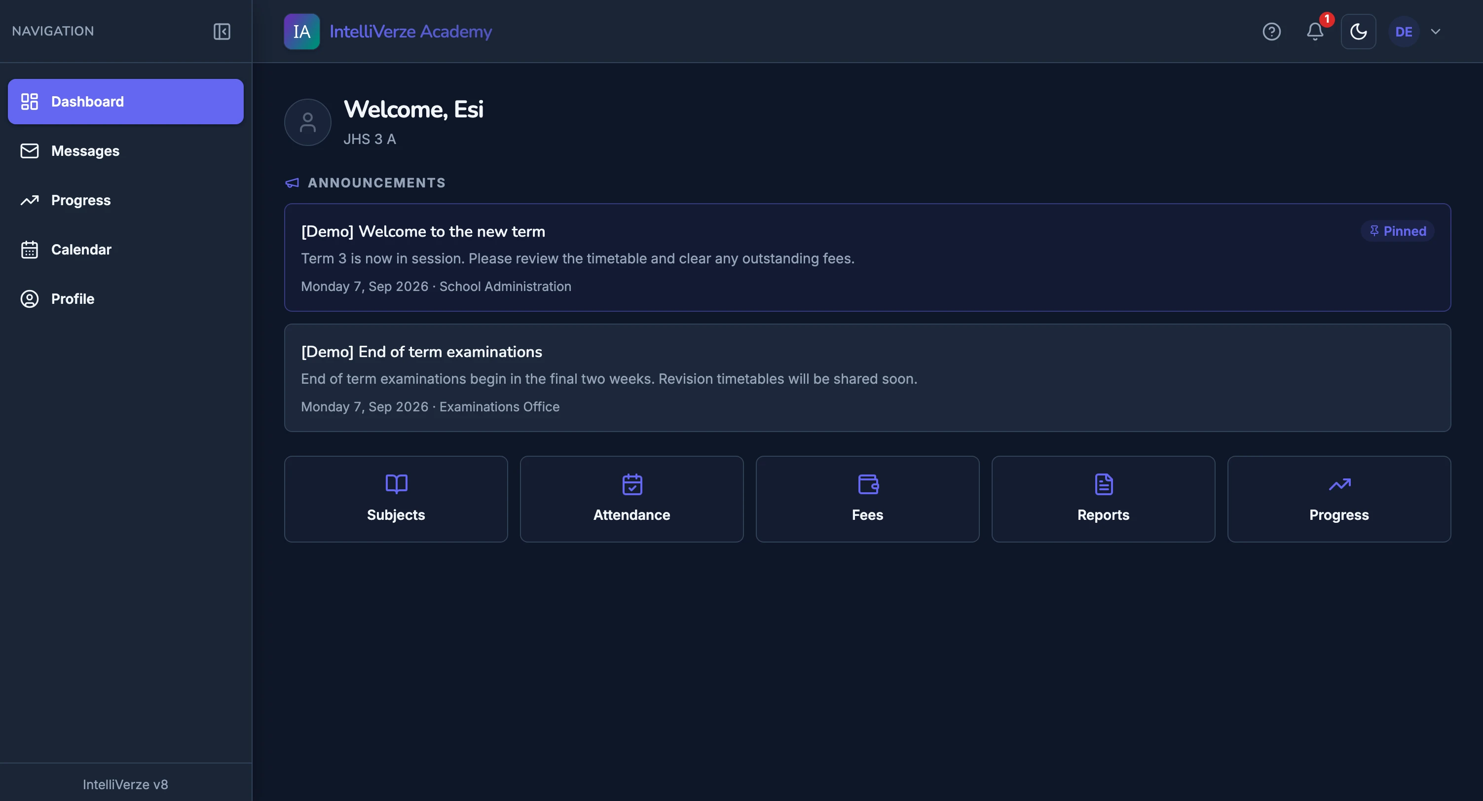 IntelliVerze Student view, dark theme