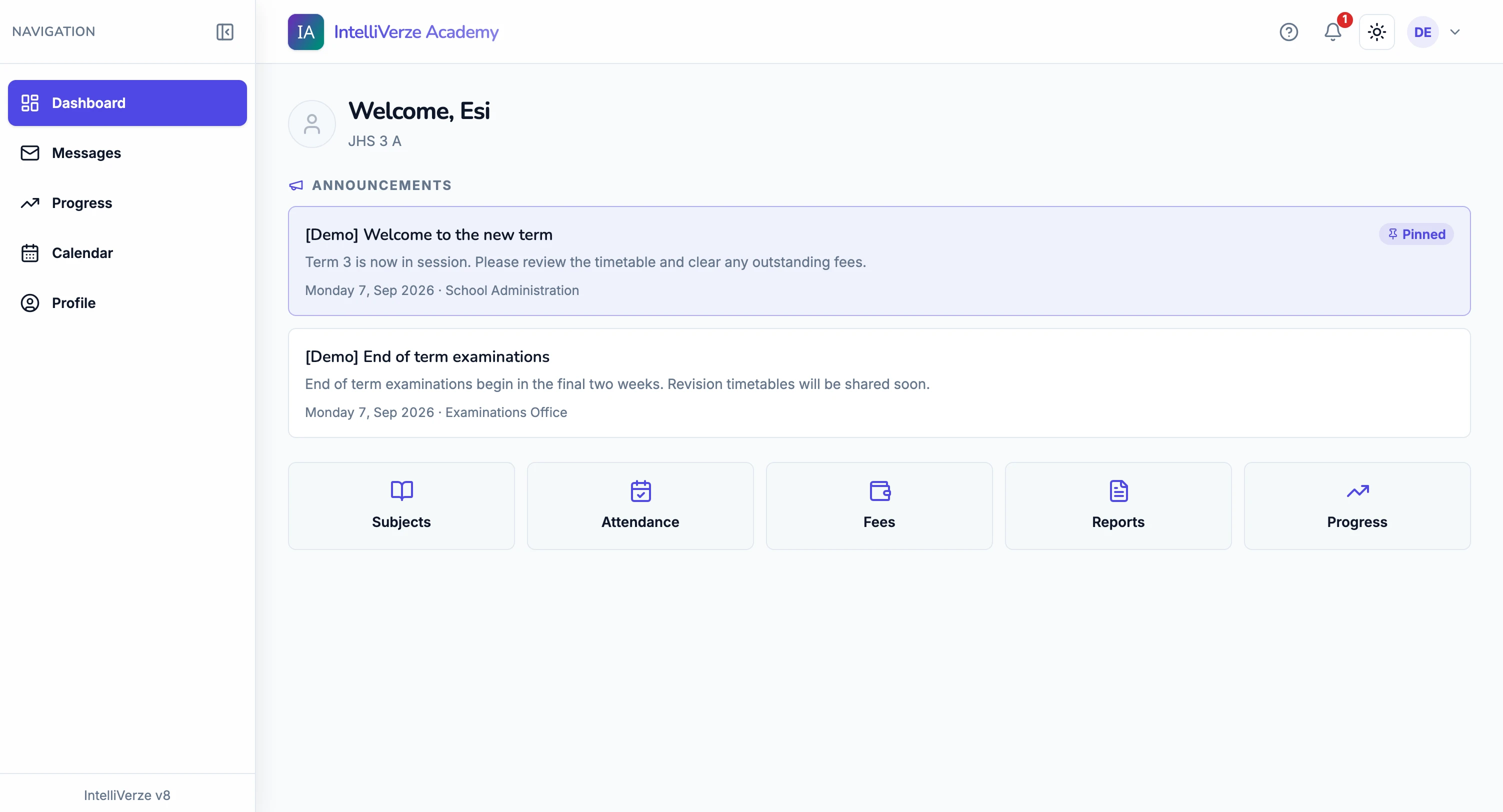 IntelliVerze Student view, light theme