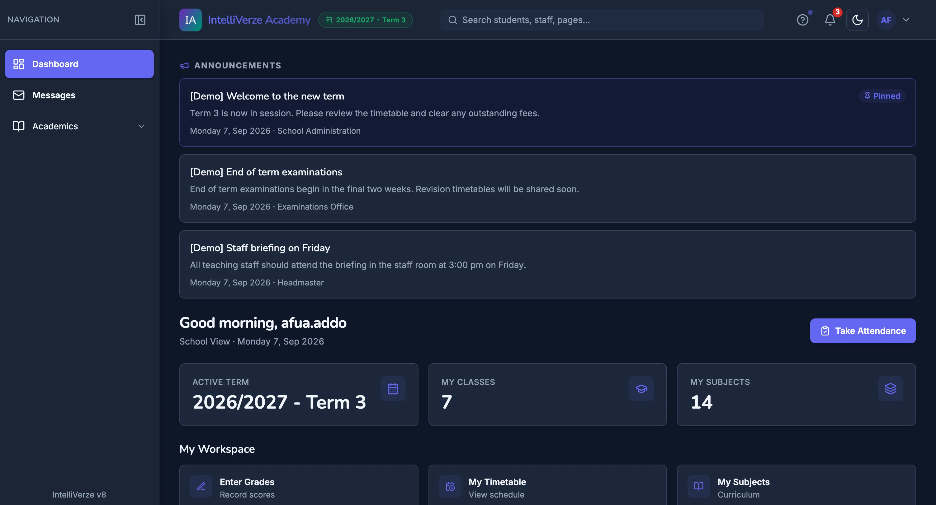 IntelliVerze Teacher view, dark theme