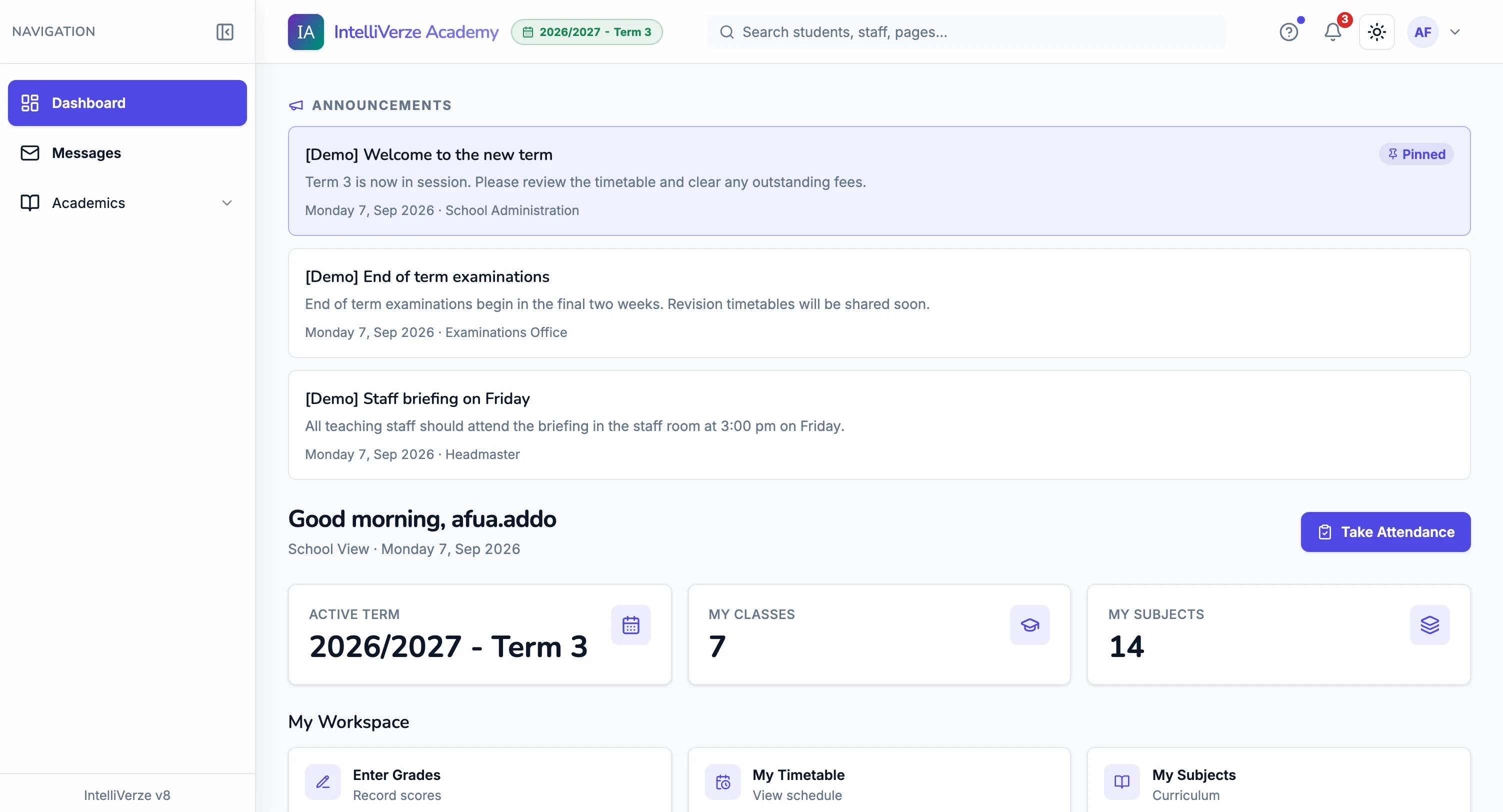 IntelliVerze Teacher view, light theme