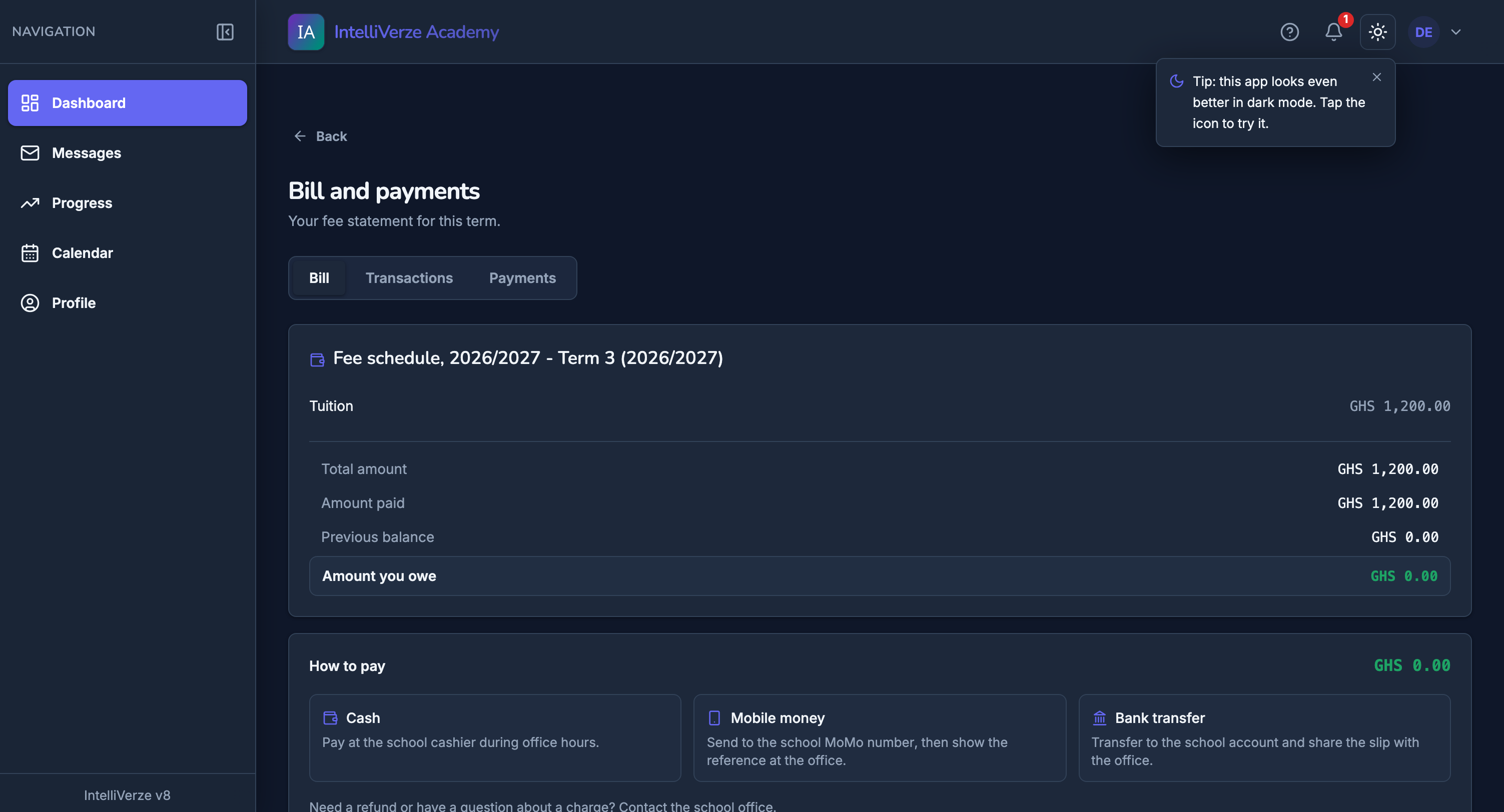 IntelliVerze Student fees, dark theme