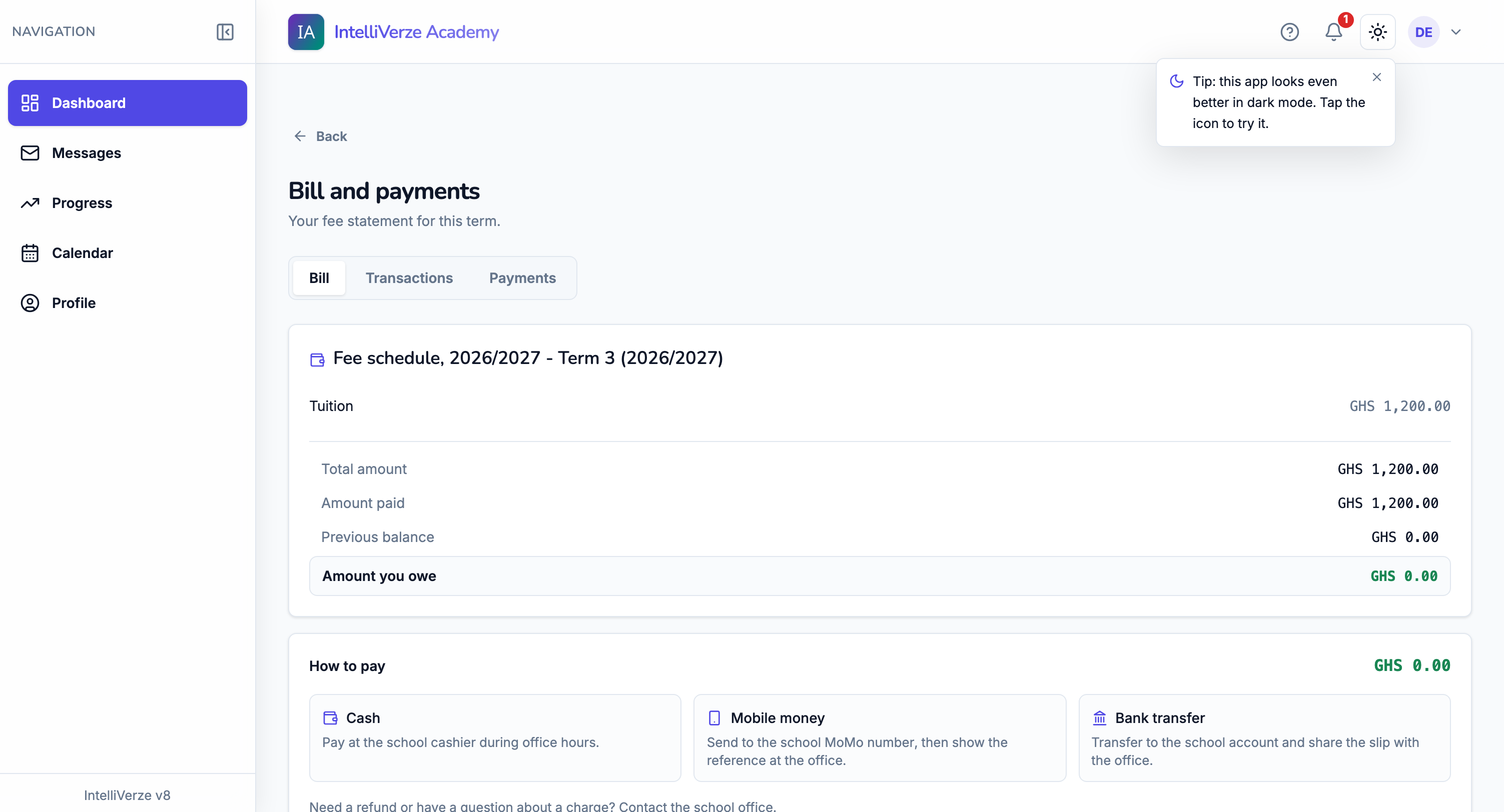 IntelliVerze Student fees, light theme