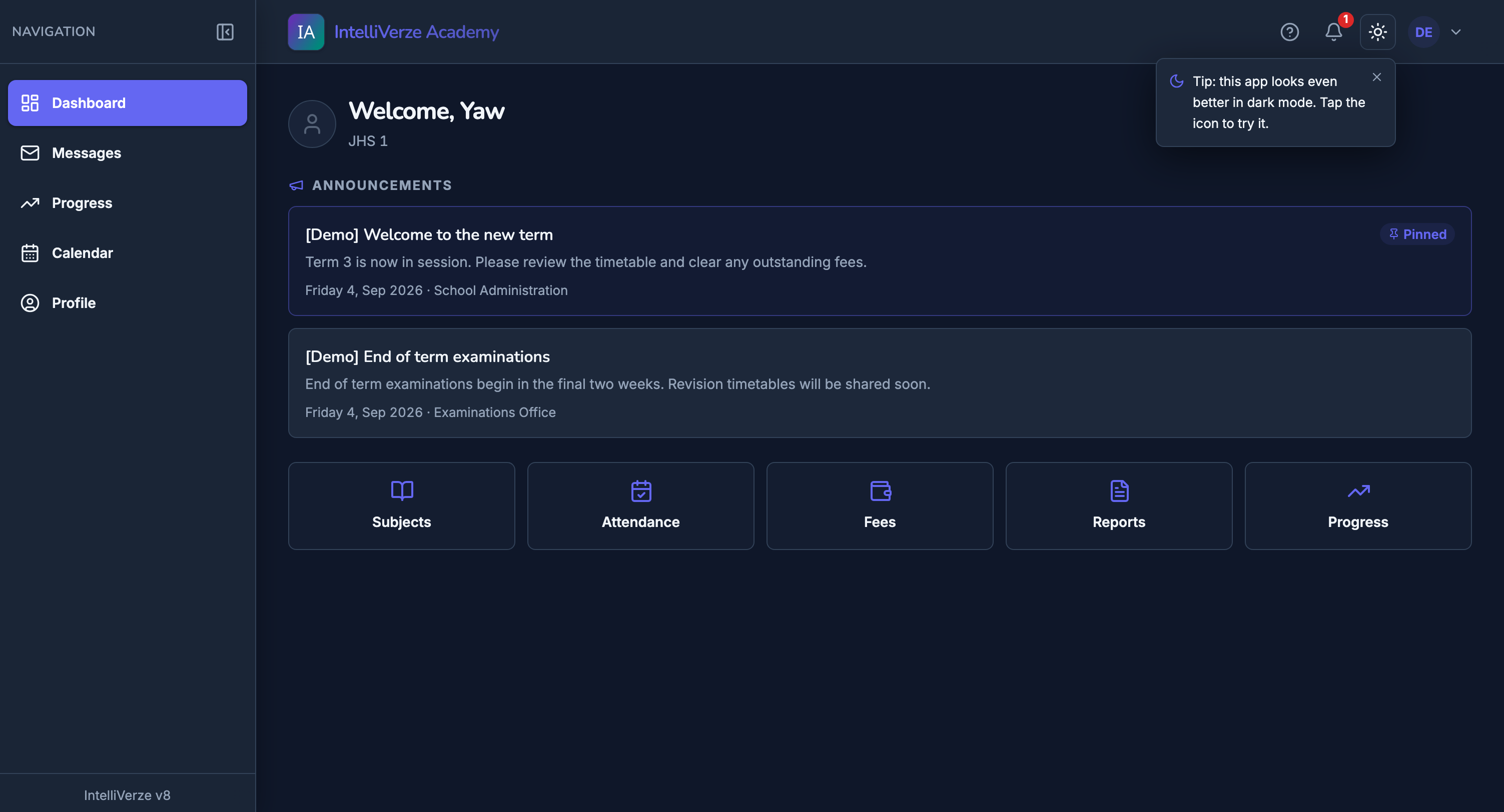 IntelliVerze Student portal, dark theme