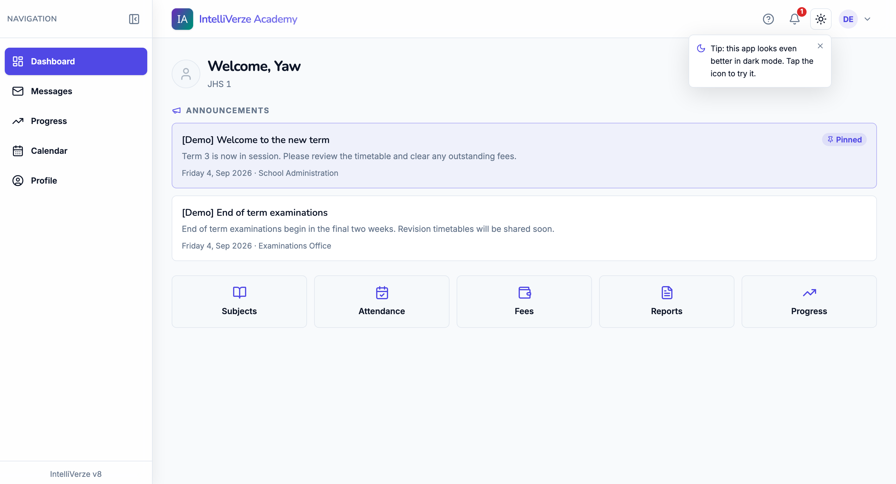 IntelliVerze Student portal, light theme