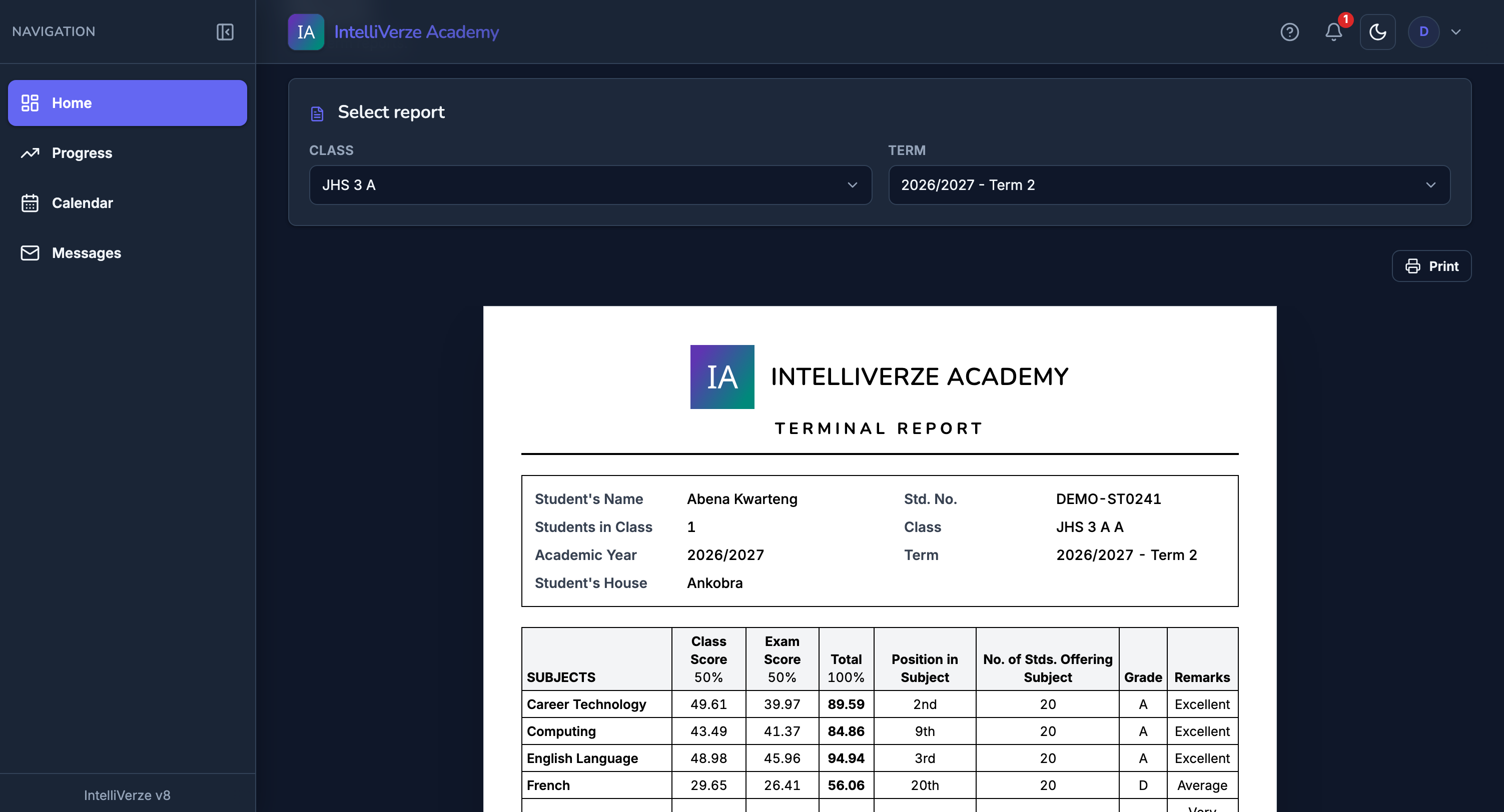 IntelliVerze Released student report, dark theme