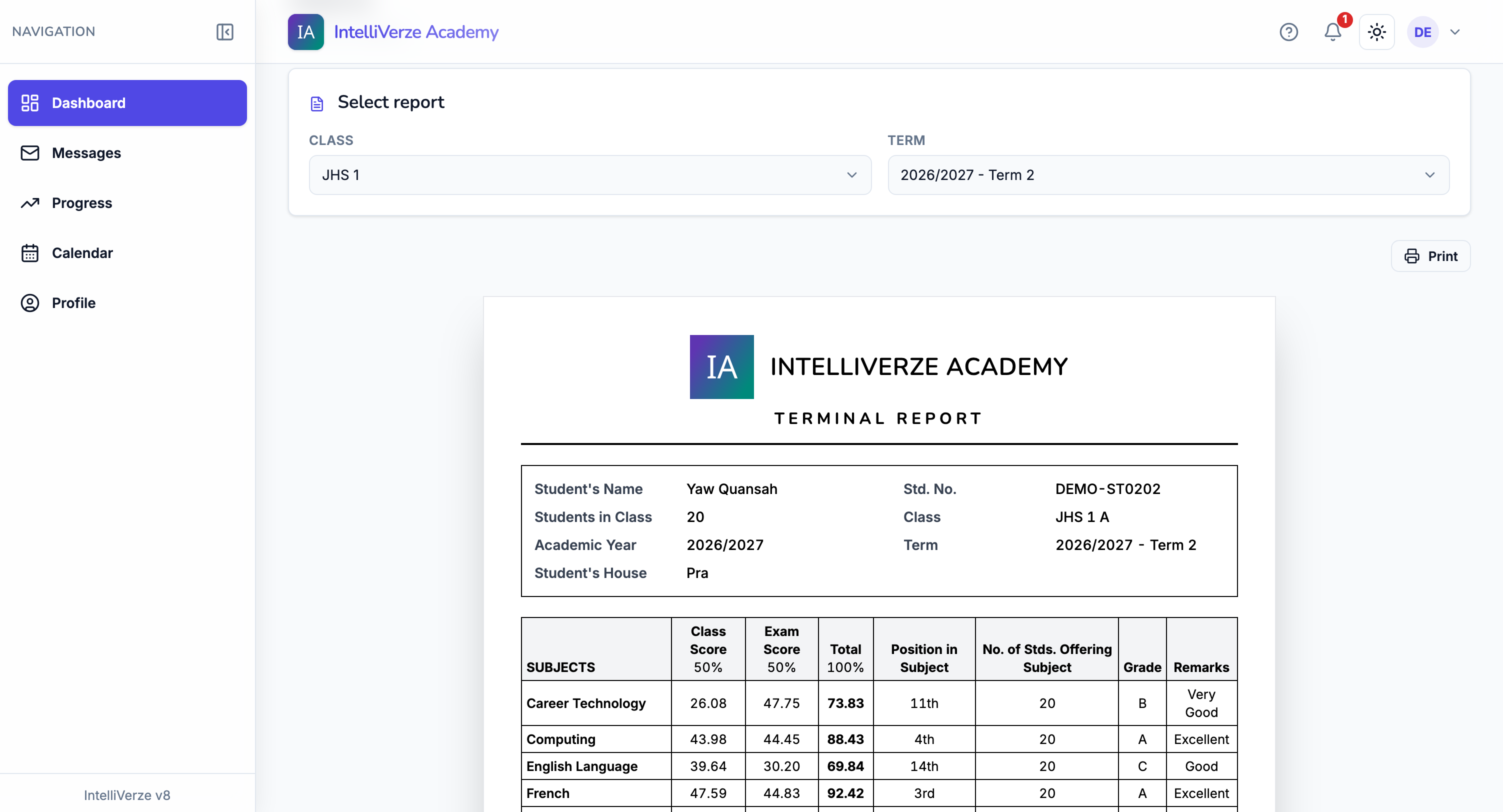 IntelliVerze Released student report, light theme