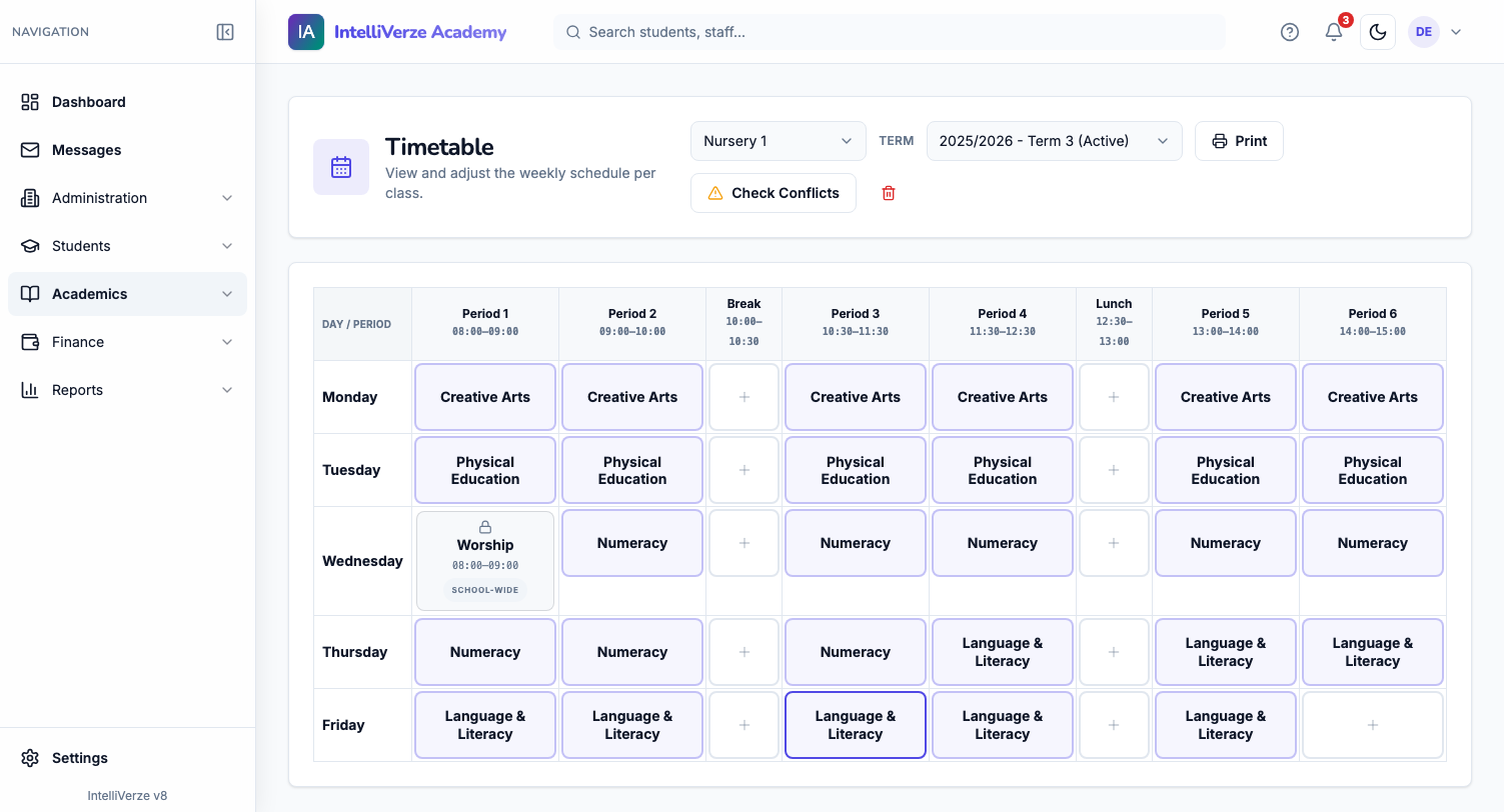 IntelliVerze Timetable, light theme