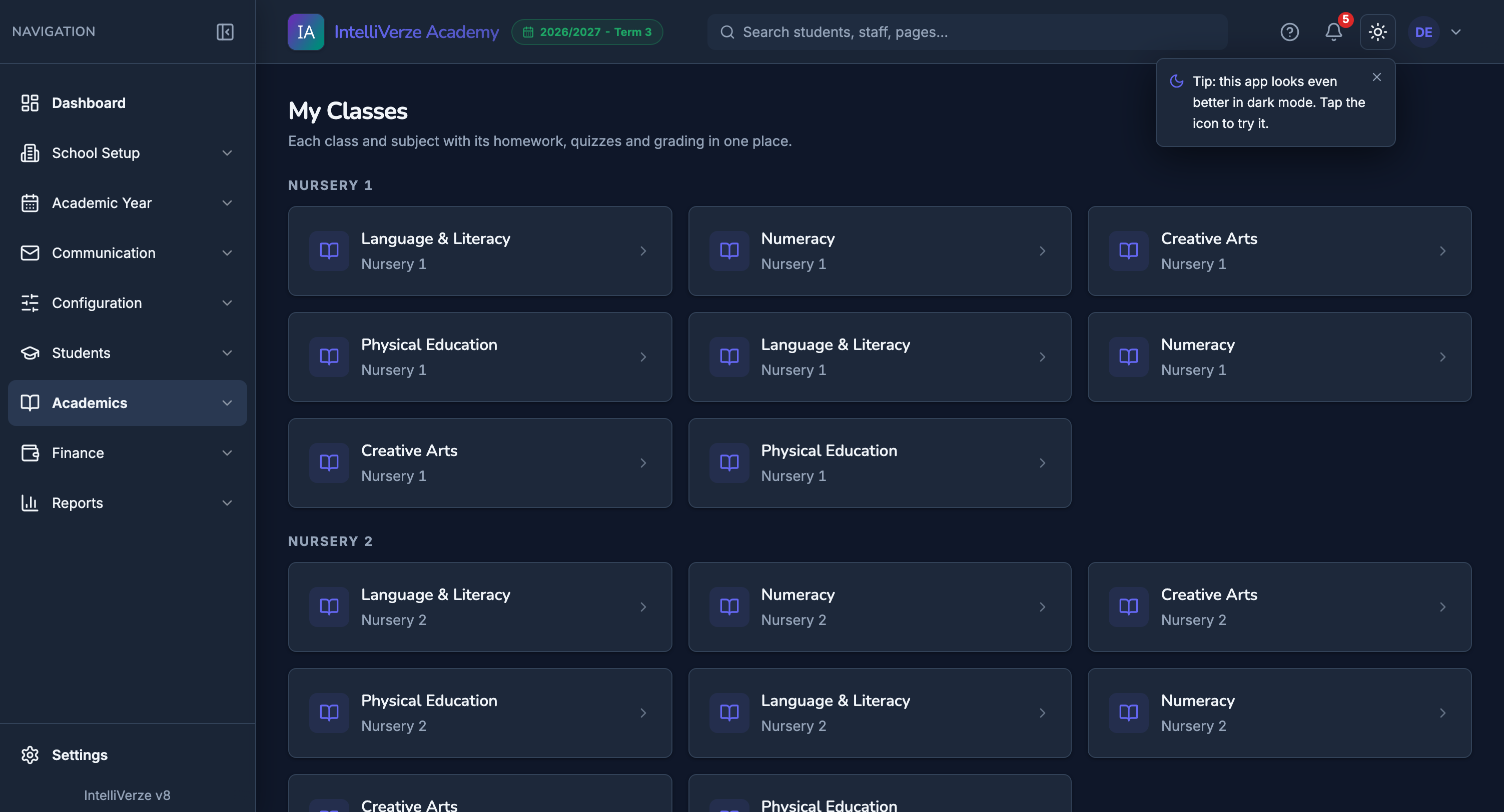 IntelliVerze Virtual classroom, dark theme