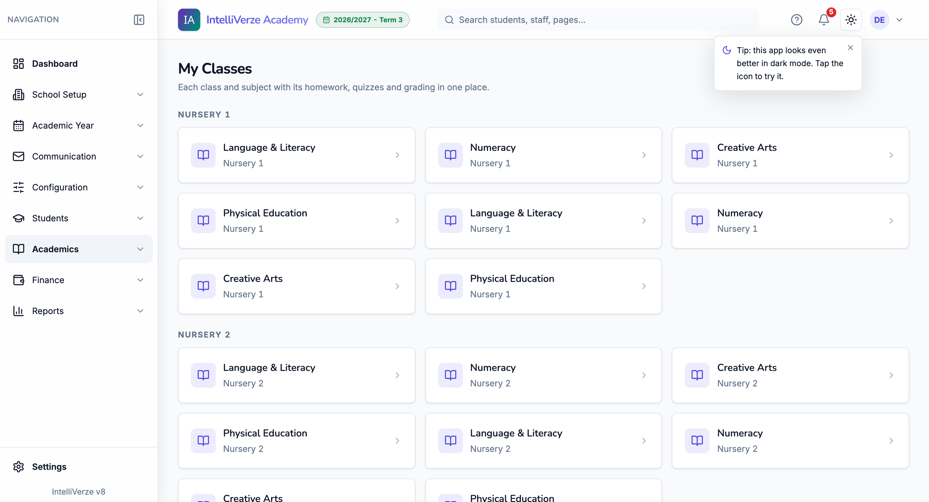 IntelliVerze Virtual classroom, light theme